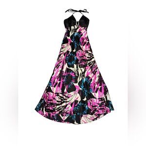 women’s CACHE colorful floral v neck halter fit & flare SILK maxi gown size 6